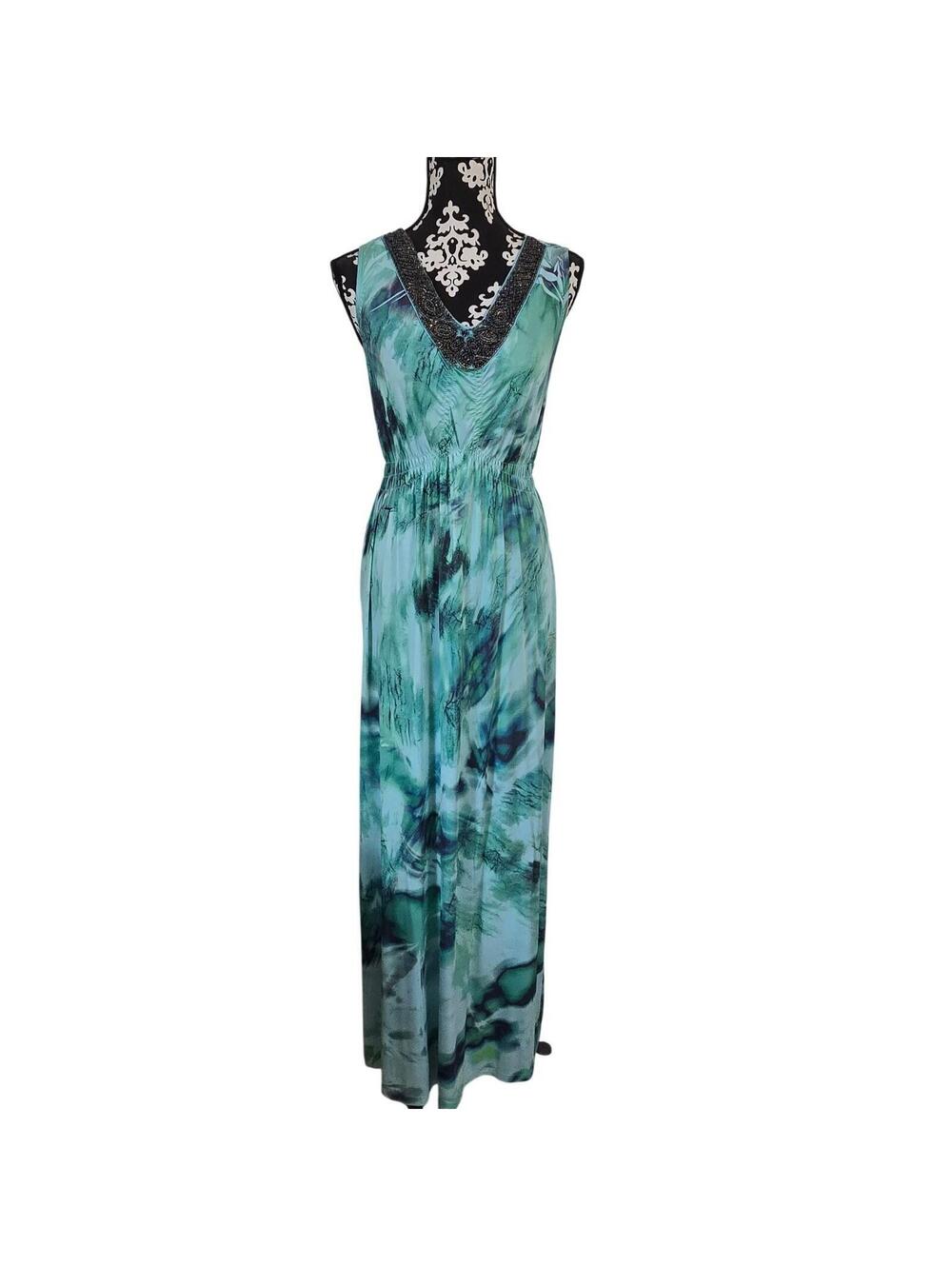 One World Teal Green Abstract Beaded V-Neck Maxi Dress Sleeveless Small
